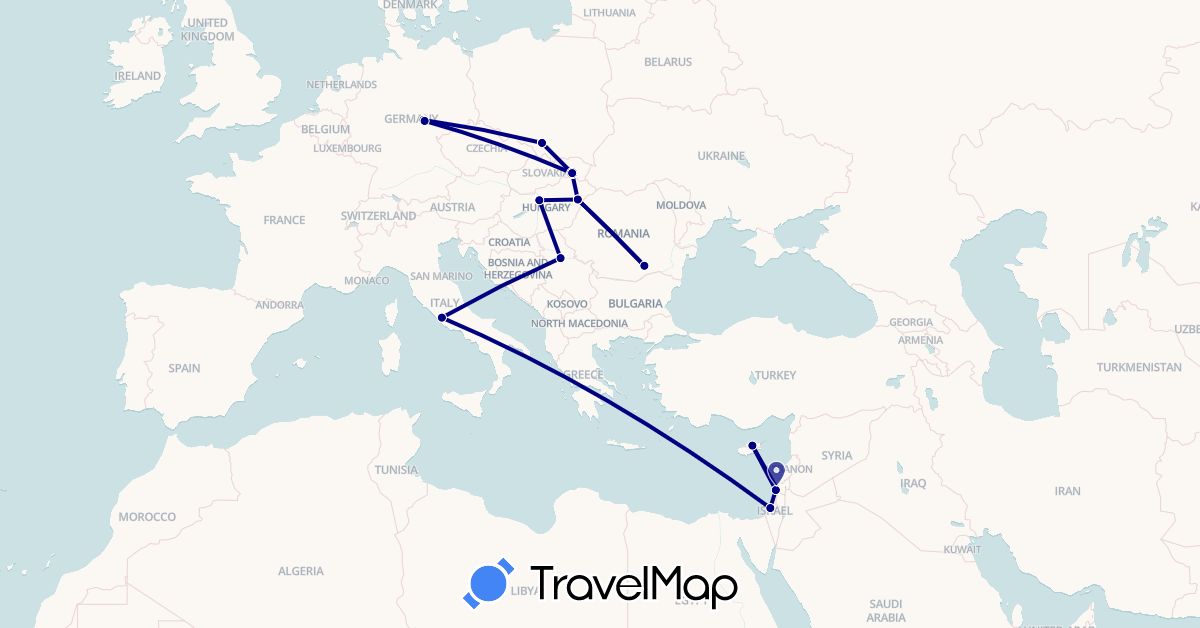 TravelMap itinerary: driving in Cyprus, Germany, Hungary, Israel, Italy, Poland, Romania, Serbia, Slovakia (Asia, Europe)